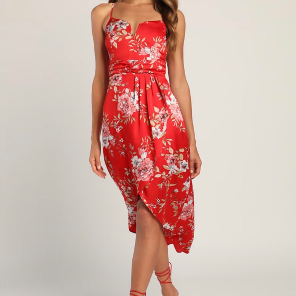 Lulus My Favorite Day Red Floral Print Tulip Skirt Midi Dress